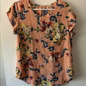 Lily White Orange Pink Short Sleeve Pleated Blouse